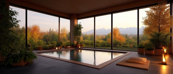 Indoor infinity pool in minimalist room with floor-to-ceiling showcasing breathtaking autumn landscape and distant mountains in serene environment