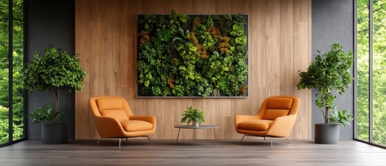 Modern living space with orange armchairs and glass coffee table, featu vertical garden and wood-paneled wall complemented by potted plants