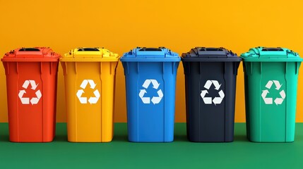 Colorful recycling bins arranged in a row against a vibrant yellow background, promoting waste separation
