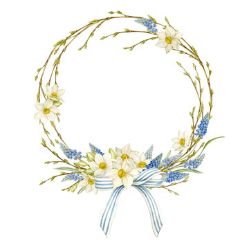 recommend clip art: Spring wreath with Narcissus and Muscari - hand-drawn watercolor illustration isolated from the background. Wreath with spring flowers for greeting cards and posters, packaging design, branding