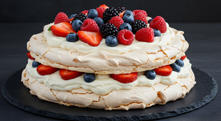 Elegant layered pavlova cake adorned with fresh seasonal berries on dark slate