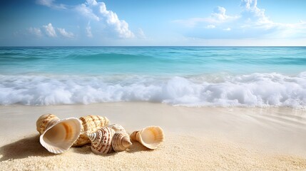 A tranquil beach with gentle waves, a clear sky, and a few scattered seashells on the sand