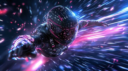 Futuristic skydiver hurtling through the digital space with vibrant light trails and advanced technology.