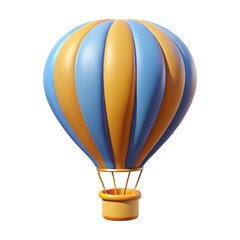 Obraz premium A colorful hot air balloon featuring blue and orange stripes, designed for aerial adventures and leisure flights, showcasing its round shape and basket, illustration of 3d rendering. 