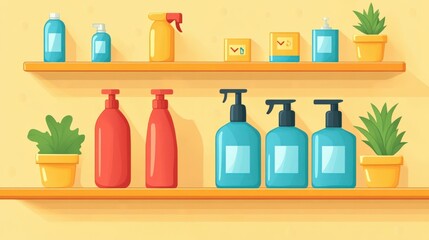 Colorful display of various cleaning products and plants on shelves against a cheerful yellow background