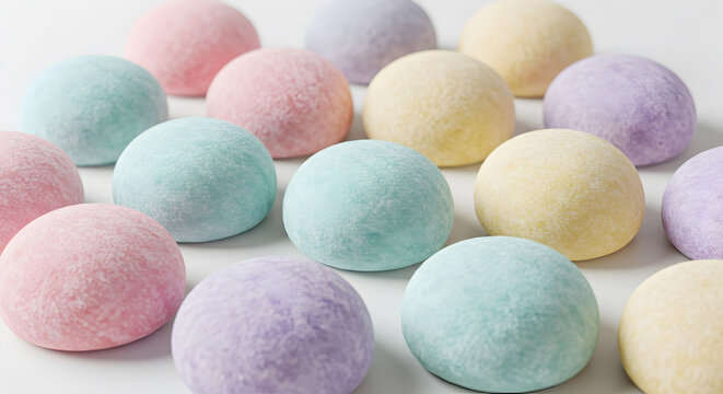 Mochi Ice Cream in Assorted Pastel Flavors on a Clean White Background Display