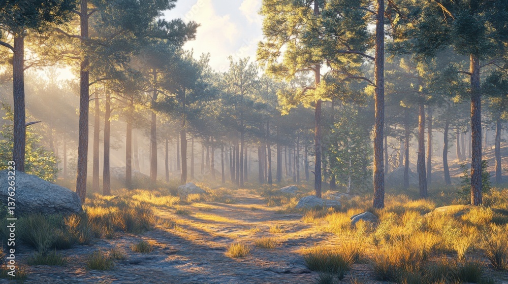 Poster a serene forest scene with sunlight filtering through trees, casting soft shadows on a winding path 