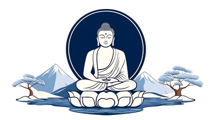 Meditating Buddha with serene mountains.
