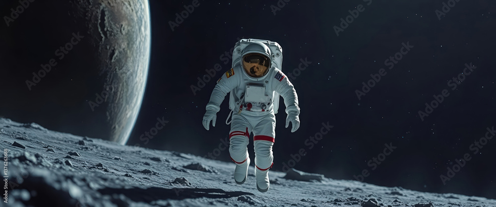 Wall mural astronaut exploring a rocky surface with a planetary background in space