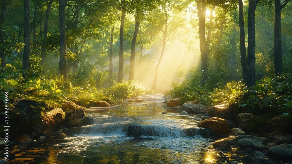 Poster a serene forest scene with sunlight filtering through trees, illuminating a gentle stream surrounded