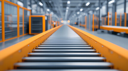 Fototapeta premium A conveyor belt in an industrial setting, featuring sleek metal rollers and orange accents, reflecting a modern and efficient workspace.