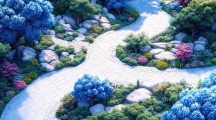 Serene garden pathway winding through vibrant blue trees and colorful flowerbeds in a tranquil setting