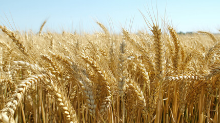 Fototapeta premium Golden wheat field ready for harvest, sunlit stalks under a clear blue sky. A picturesque agricultural scene showcasing abundant crops.