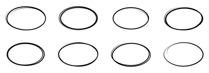 Circular scribble highlights in a grunge, hand drawn style. Pen marker strokes forming organic, freehand ovals.