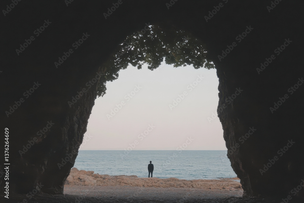Poster a man stands in front of a large cave with the ocean in the background
