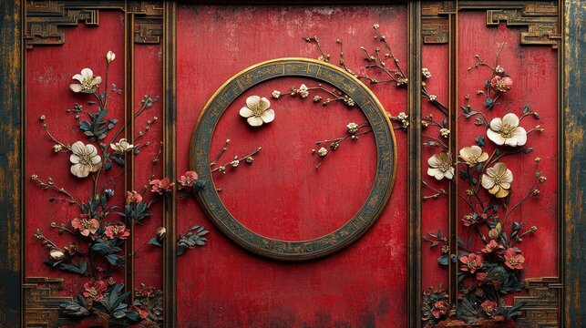 Intricate red Chinese panel with carved floral design and circular frame.