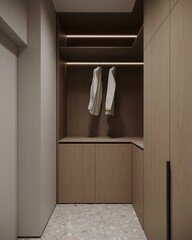 3d rendering minimal scandinavian wood walk in closet with wardrobe