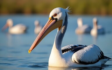 A close-up of a pelican floating on a tranquil lake, its wet feathers shimmering under the sunlight, with blurred reeds and other waterbirds in the background.