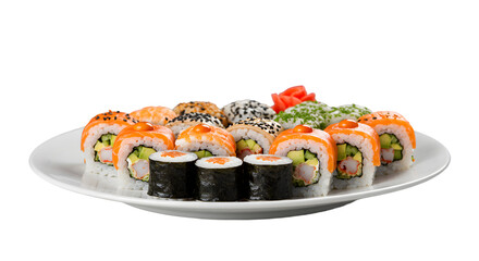 A plate of assorted sushi rolls with salmon, avocado, and other ingredients on a white plate