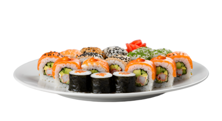A plate of assorted sushi rolls with salmon, avocado, and other ingredients on a white plate
