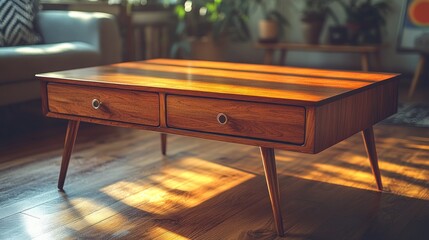 Mid-century modern coffee table with two drawers, wood, sunlight.