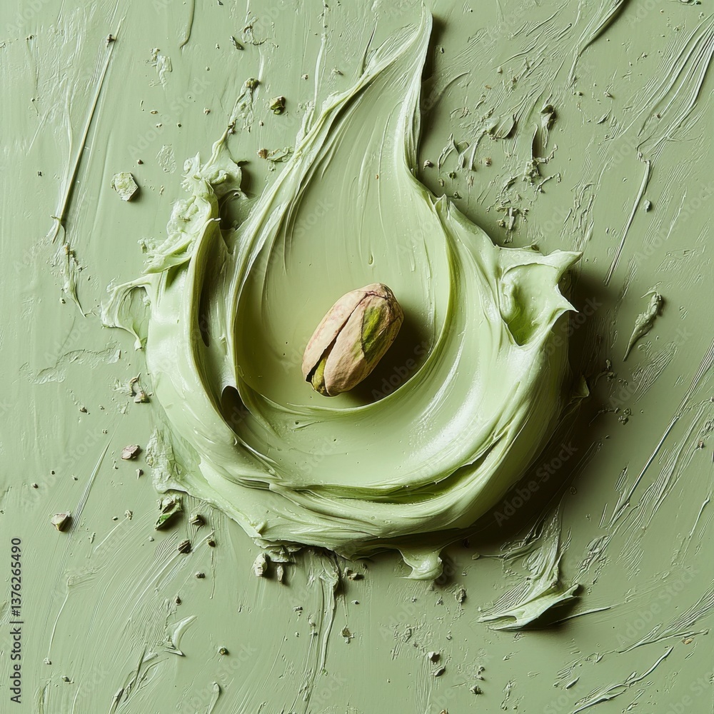 Poster a textured green background with a smooth, swirling pattern features a single pistachio nut at its c