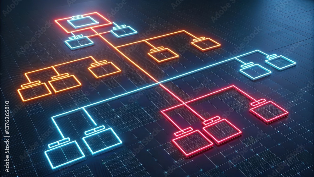 Poster digital network diagram with interconnected nodes in blue and red colors, symbolizing data flow and 