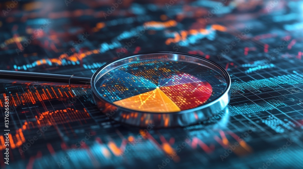 Poster a magnifying glass focuses on a colorful pie chart overlaying a digital data visualization with grap