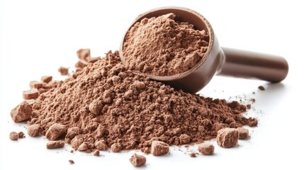 Chocolate Protein Powder Pile with Scoop Isolated on White Background