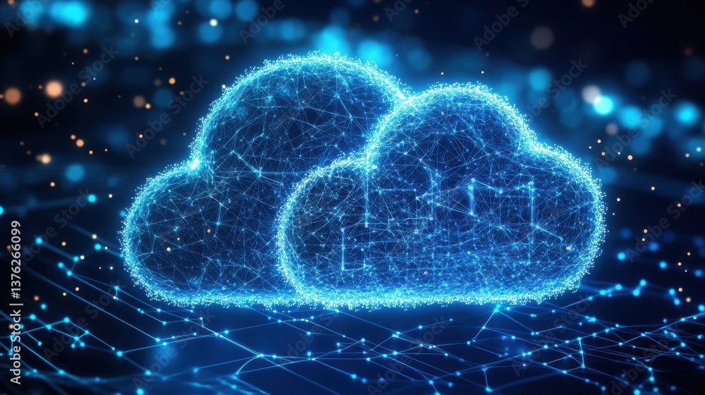 Poster two interconnected digital clouds with glowing, network-like structures, set against a dark backgrou