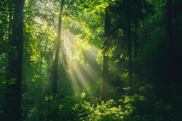 Fototapeta premium lush green forest with sunlight filtering through trees peaceful atmosphere
