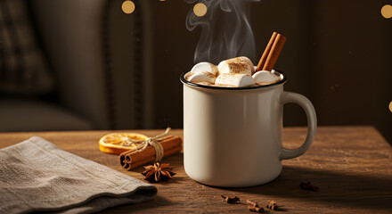 Warm indulgence: Cozy mug of hot cocoa with marshmallows and cinnamon sticks