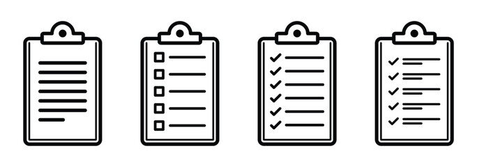 Clipboard icon set. Checklist on the clipboard line icon with checkmarks, checklist, document, gear, pencil. Clipboard outline icons. Checklist symbol. Editable stroke. Vector illustration. EPS 10