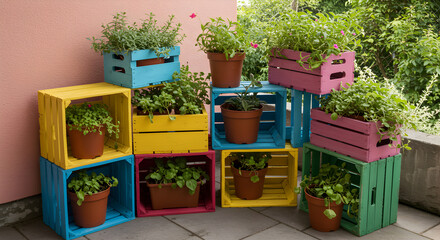 Rustic garden display featuring colorful milk crates used as plant stands