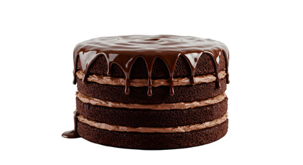 A three layer chocolate cake with chocolate frosting and chocolate ganache PNG on a transparent background