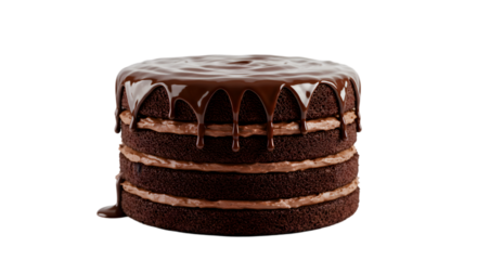 A three layer chocolate cake with chocolate frosting and chocolate ganache PNG on a transparent background