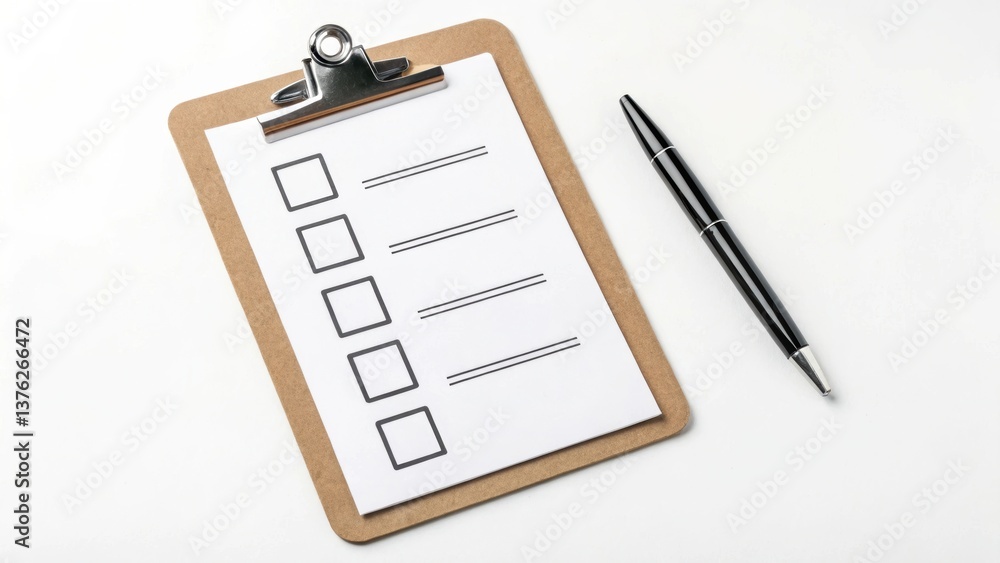 Poster a clipboard with a blank checklist and a pen, ready for notes or tasks.