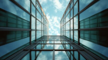 An upward view captures the striking reflection of clouds in glass buildings, showcasing the architectural beauty and human ingenuity of modern urban design in daylight.