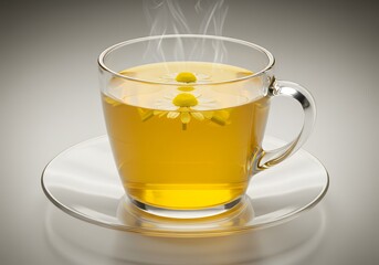 Steaming Chamomile Tea in Glass Cup with Saucer, Relaxing Herbal Drink, Floral Beverage.