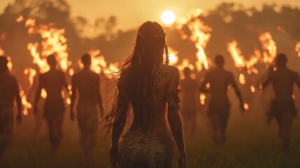 Fototapeta premium Fiery dance celebration wilderness cinematic capture dusk rear view unity in chaos