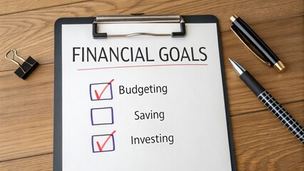 A checklist titled "Financial Goals" with checked items for Budgeting and Investing, and an unchecked item for Saving, set on a wooden surface with stationery.