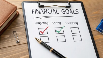 A financial goals checklist with sections for budgeting, saving, and investing, featuring checkmarks and a pen on a wooden desk.
