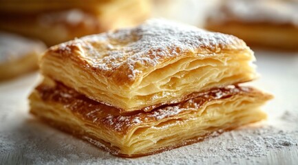Close-up view of layers of flaky golden-brown pastry sprinkled with powdered sugar, showcasing a delicious baked treat ready for enjoyment