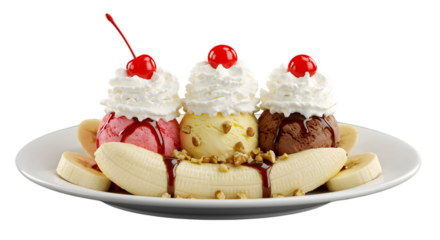 A banana png split dessert with three scoops of ice cream and whipped cream PNG on a white plate isolated