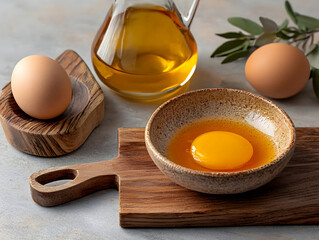 raw egg cracked into small ceramic bowl with yolk intact, placed on wooden board, alongside whole eggs and olive oil