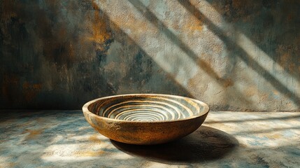Rustic wooden bowl on textured background with dramatic light.