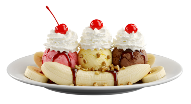 A banana png split dessert with three scoops of ice cream and whipped cream PNG on a white plate isolated