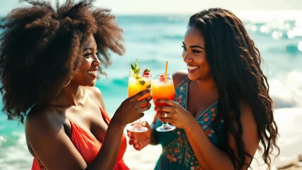 Two young smiling Black women toasting cocktails on a tropical beach, enjoying the sun and summer vacation, cheerful friends or lgbtq couple clinking glasses