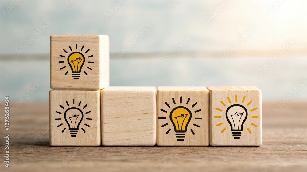 Poster wooden blocks with light bulb illustrations stacked on a table, symbolizing creativity and ideas in 