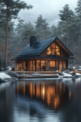 Fototapeta premium Cozy cabin nestled by a snow-covered lake, illuminated warmly at dusk